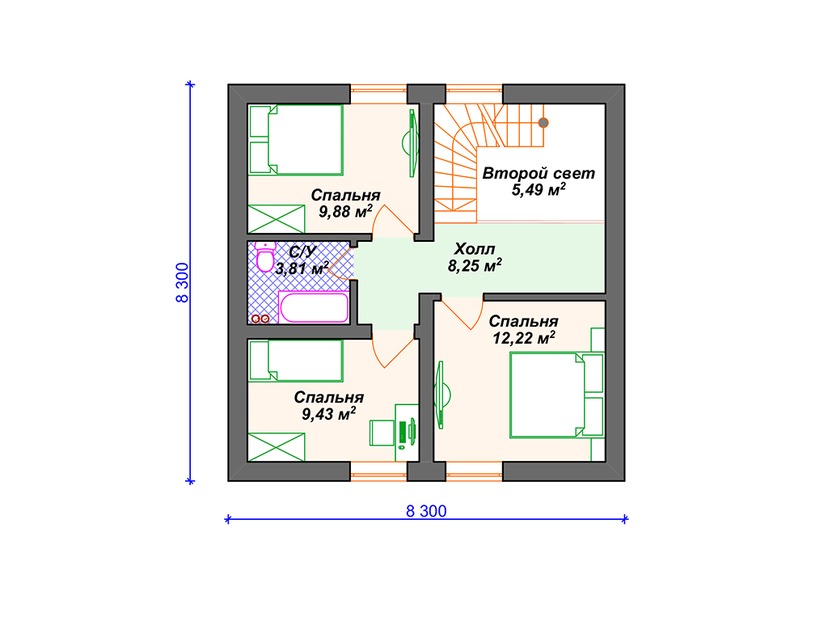 Каркасный дом 10x8 с мансардой – проект V020 "Эшвилл" план мансардного этажа