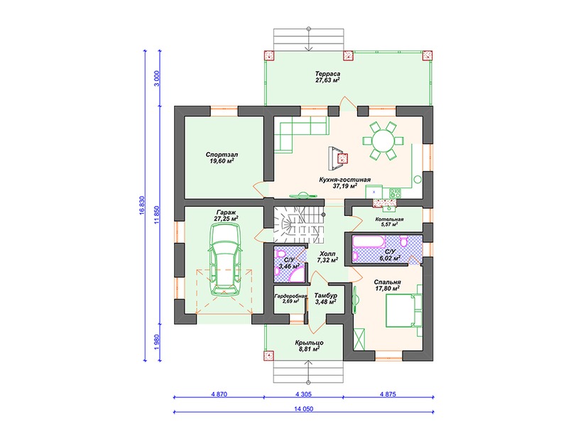 Каркасный дом 17x14 с котельной, террасой, гаражом – проект V019 "Эдентон" план первого этаж