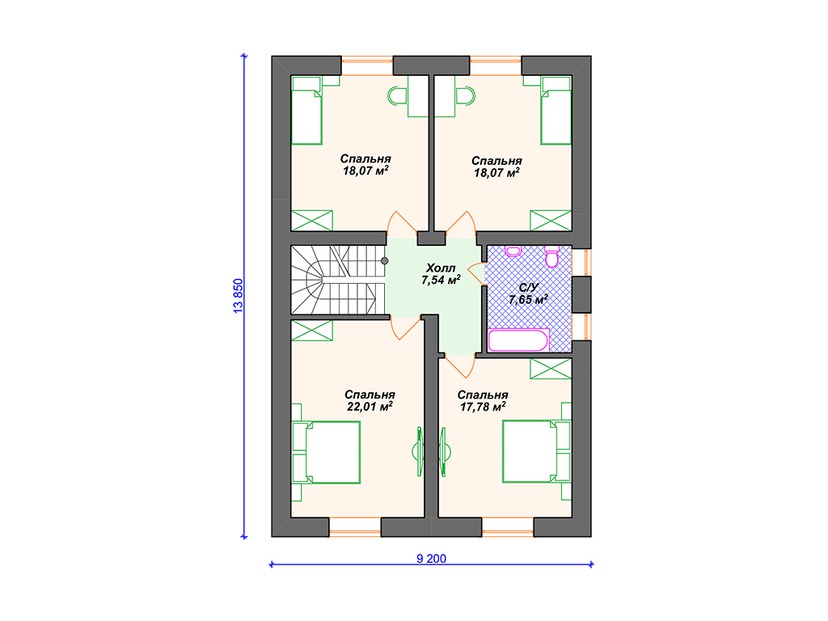 Каркасный дом 17x14 с котельной, террасой, гаражом – проект V019 "Эдентон" план мансардного этажа