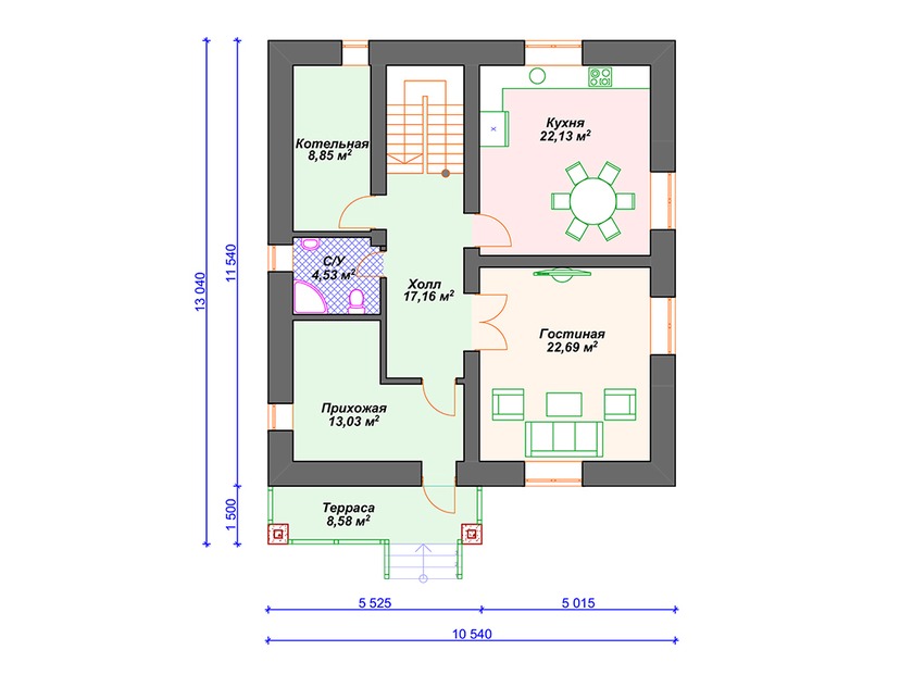 Каркасный дом 13x11 с котельной, террасой, мансардой – проект V017 "Гастониа" план первого этаж