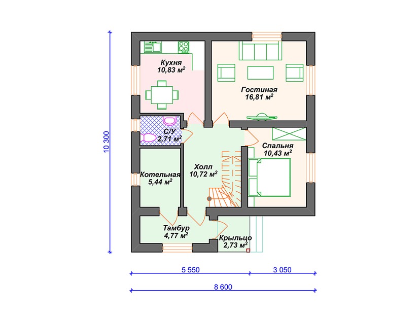 Дом из керамического блока VK048 "Брэдфорд" c 4 спальнями план первого этаж