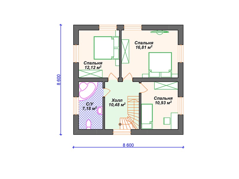 Каркасный дом 10x9 с котельной, мансардой – проект V048 "Брэдфорд" план мансардного этажа