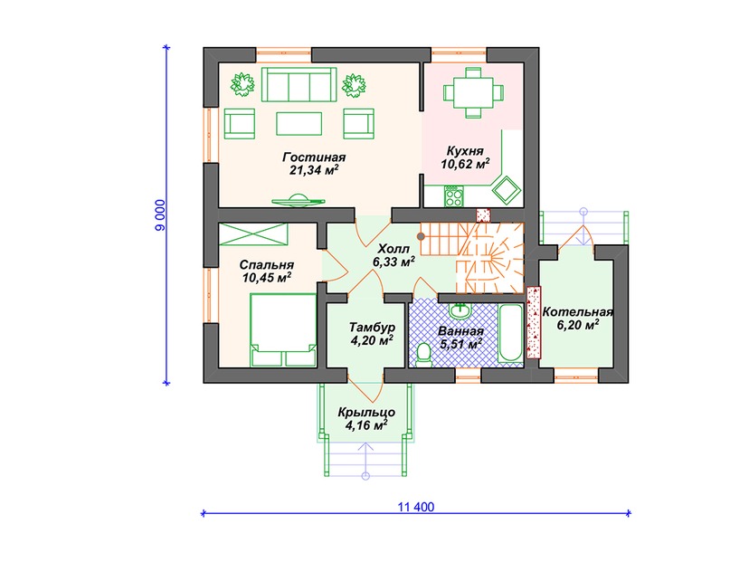 Каркасный дом 9x11 с котельной – проект V072 "Лорэин" план первого этаж