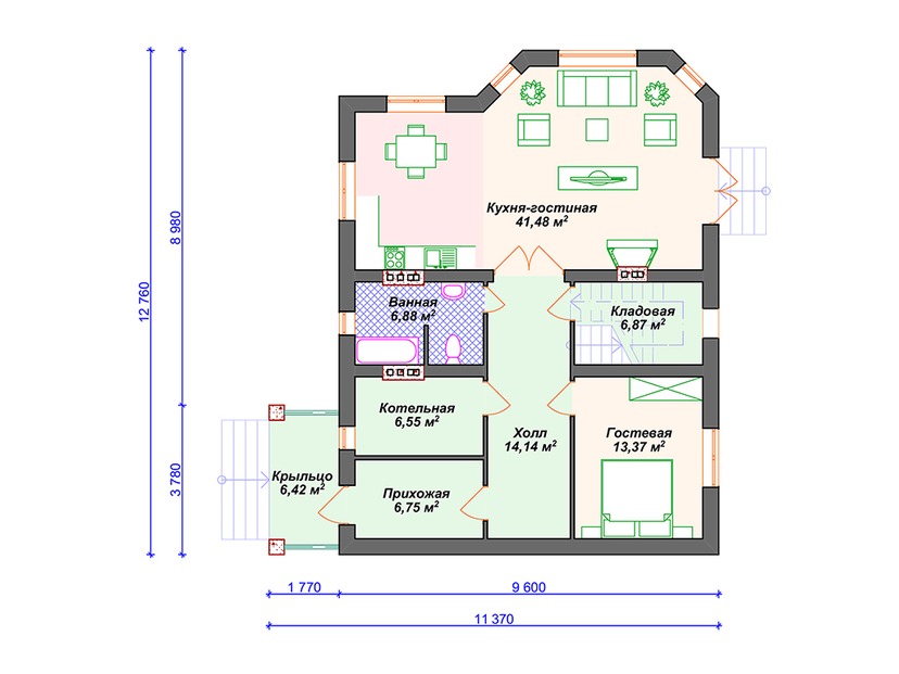 Каркасный дом 13x11 с котельной, эркером – проект V071 "Мартинс" план первого этаж