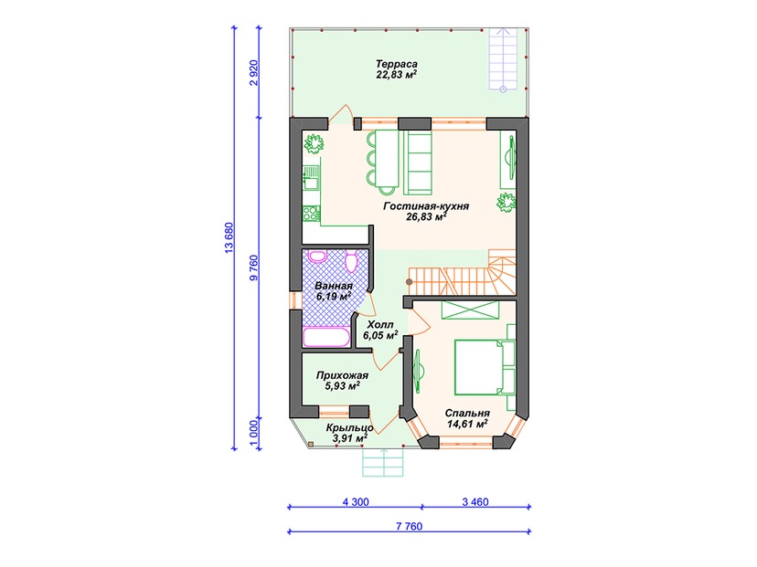 Дом из газобетона с террасой, эркером, мансардой - VG070 "Массиллон" план первого этаж
