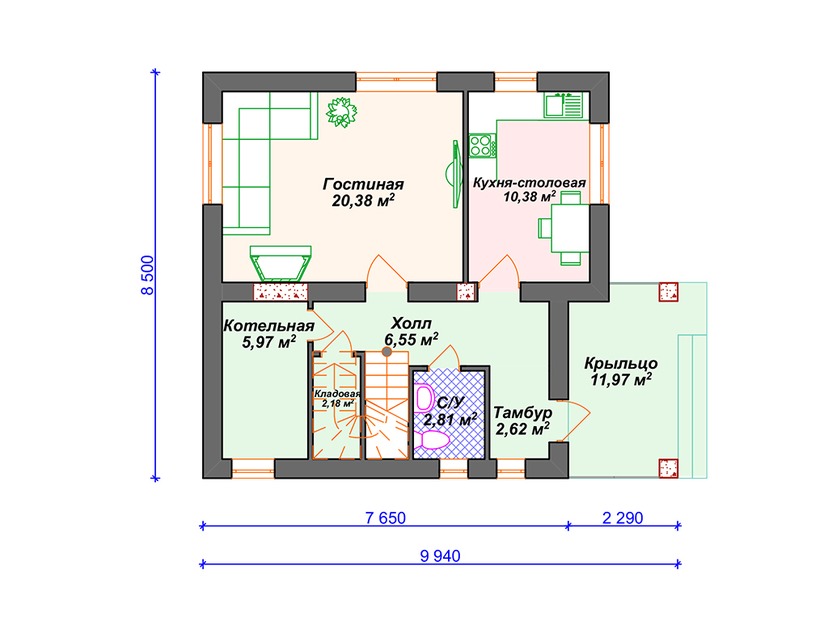 Каркасный дом 9x10 с котельной, мансардой – проект V069 "Ментор" план первого этаж