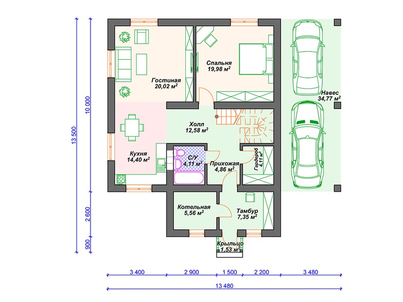 Каркасный дом 14x13 с котельной – проект V046 "Германтаун" план первого этаж