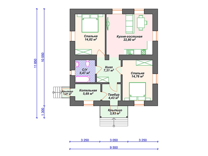 Дом из керамического блока VK068 "Милан" c 2 спальнями план первого этаж