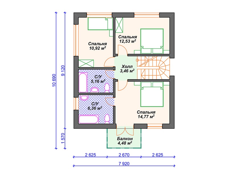Дом из керамического блока VK045 "Геттисбург" c 3 спальнями план второго этажа