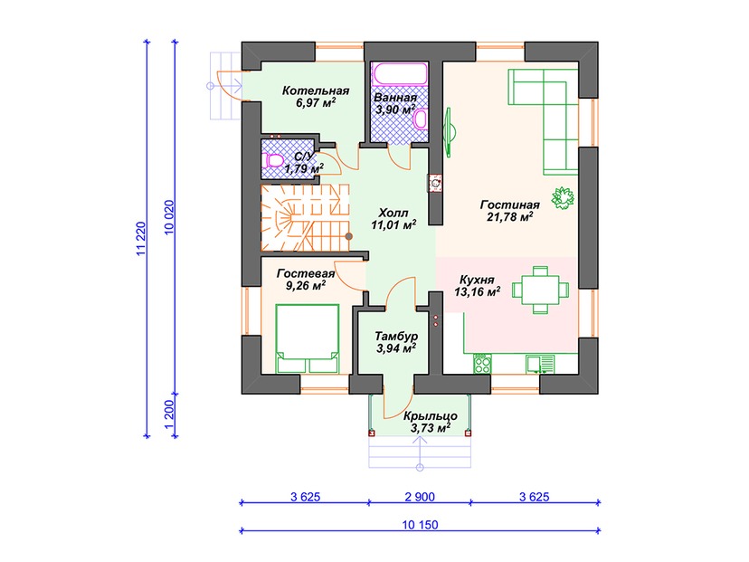 Каркасный дом 11x10 с котельной – проект V067 "Ворвингтон" план первого этаж