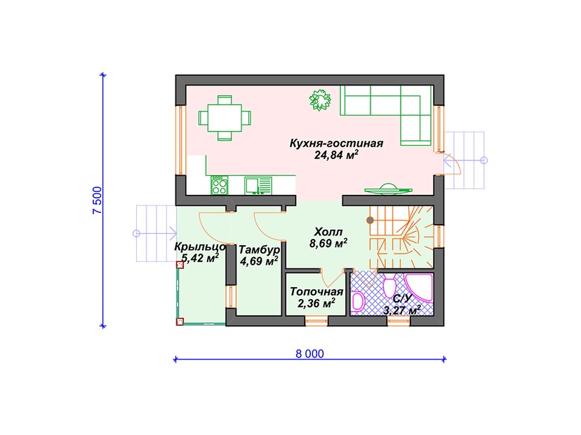 Дом из керамического блока VK066 "Янгстоун" c 2 спальнями план первого этаж