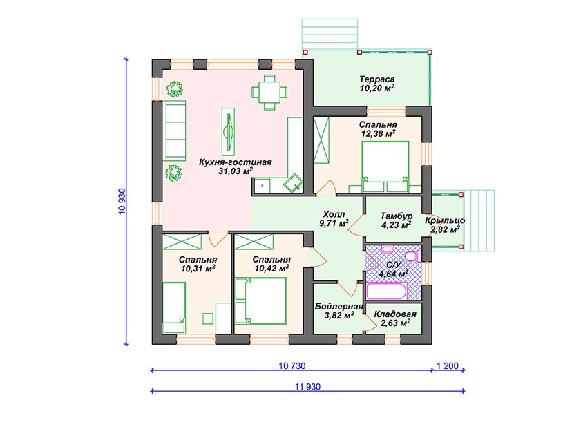 Дом из керамического блока VK065 "Занесвиль" c 3 спальнями план первого этаж