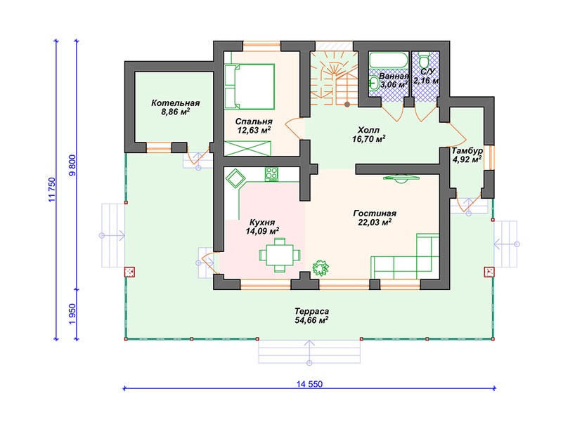 Каркасный дом 12x15 с котельной, террасой, мансардой – проект V064 "Альтрус" план первого этаж