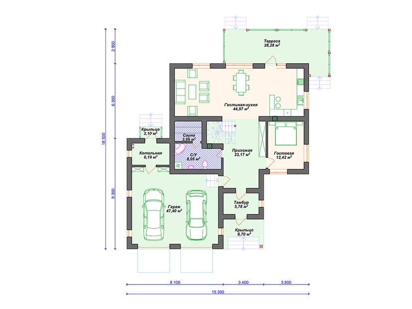 Каркасный дом 19x15 с котельной, сауной, террасой – проект V043 "Хазлтон" план первого этаж