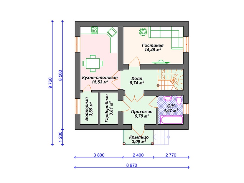 Дом из керамического блока VK063 "Альва" c 3 спальнями план первого этаж