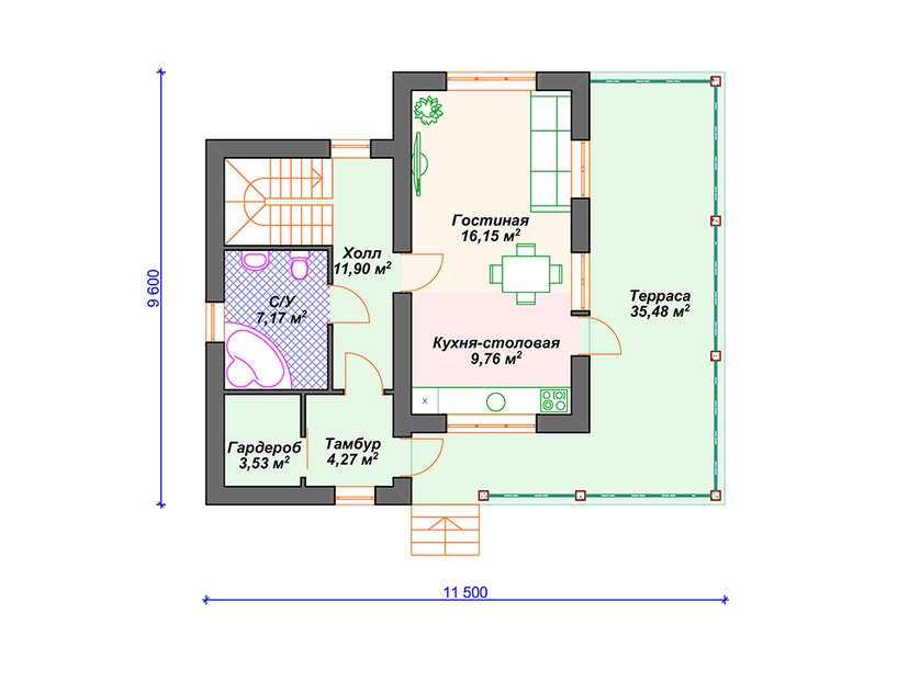 Каркасный дом 10x12 с балконом, террасой, мансардой – проект V062 "Бартлесвиль" план первого этаж