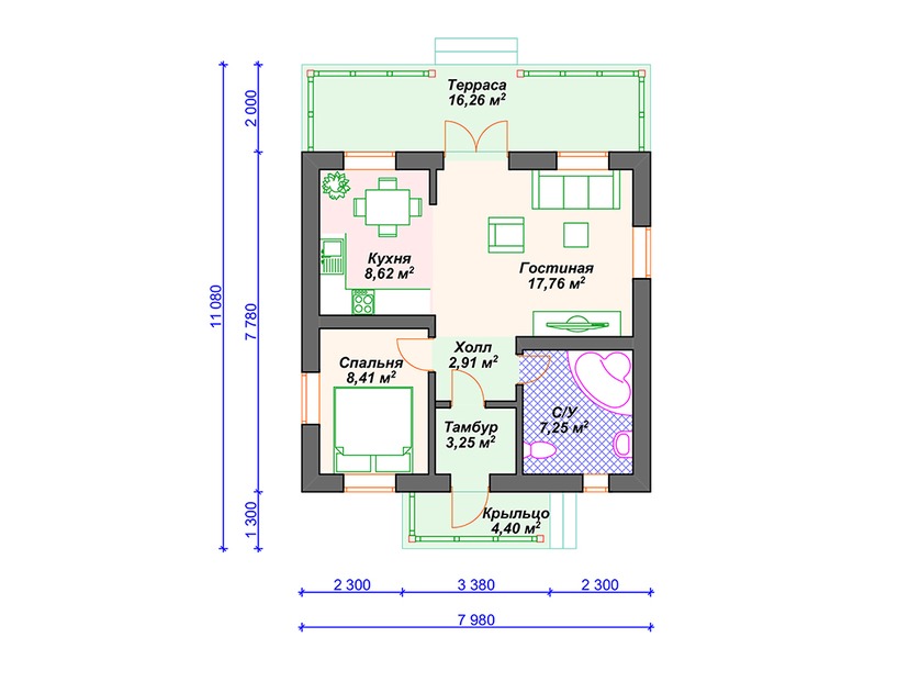 Каркасный дом 11x8 с террасой – проект V061 "Кларемор" план первого этаж