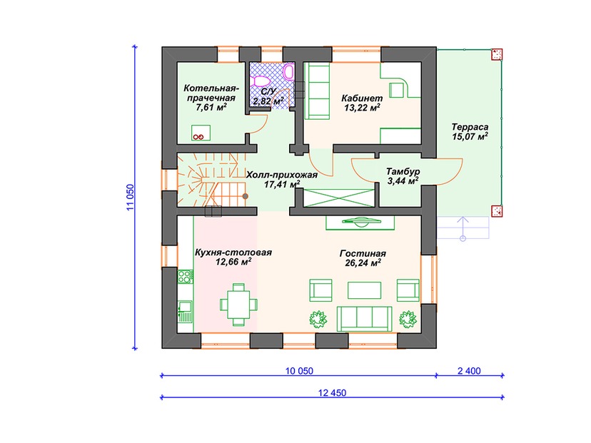 Каркасный дом 11x12 с котельной, террасой, мансардой – проект V059 "Дьюрант" план первого этаж