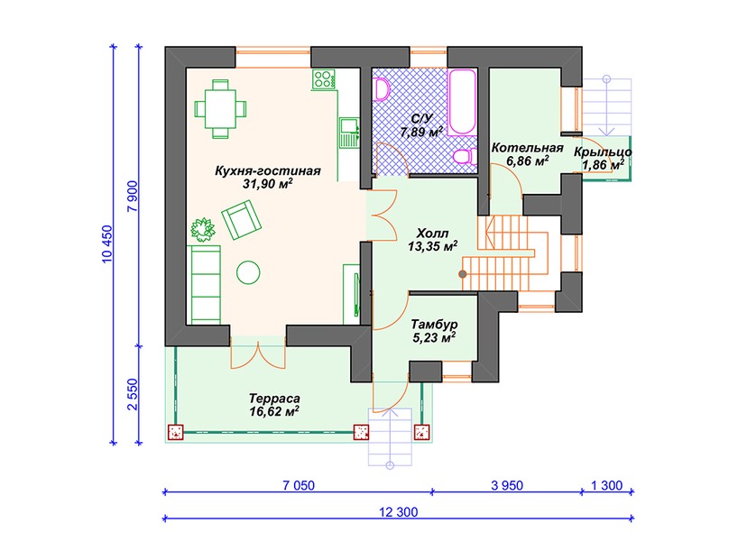 Дом из газобетона с котельной, балконом, террасой - VG042 "Лок Хэвен" план первого этаж