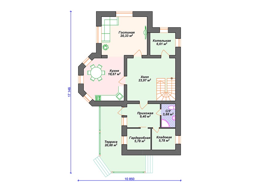 Каркасный дом 17x11 с котельной, террасой, эркером – проект V004 "Фэирмонт" план первого этаж