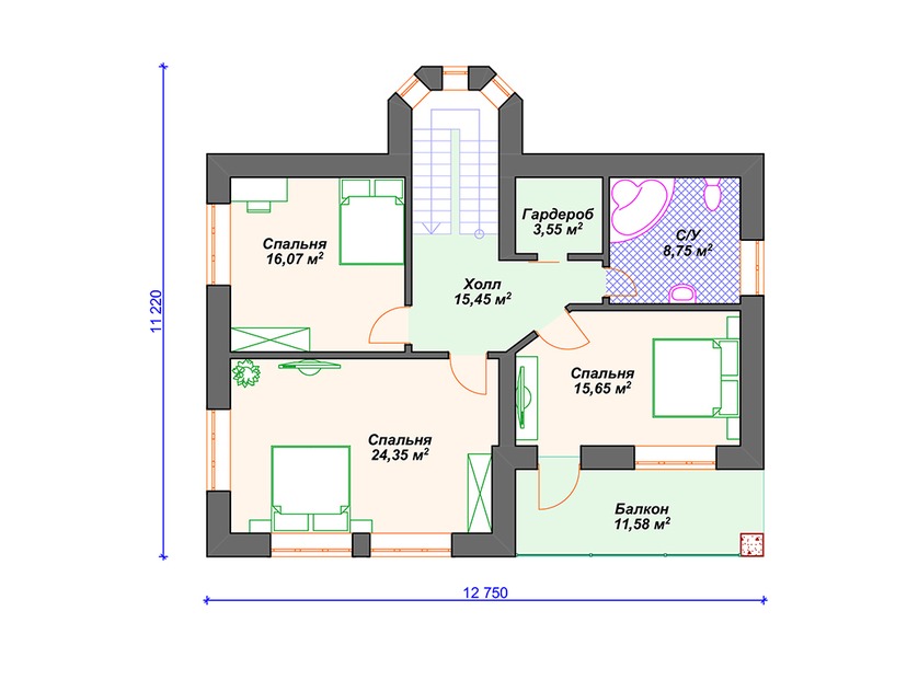 Каркасный дом 11x16 с котельной, балконом, террасой – проект V058 "Эдмонд" план мансардного этажа
