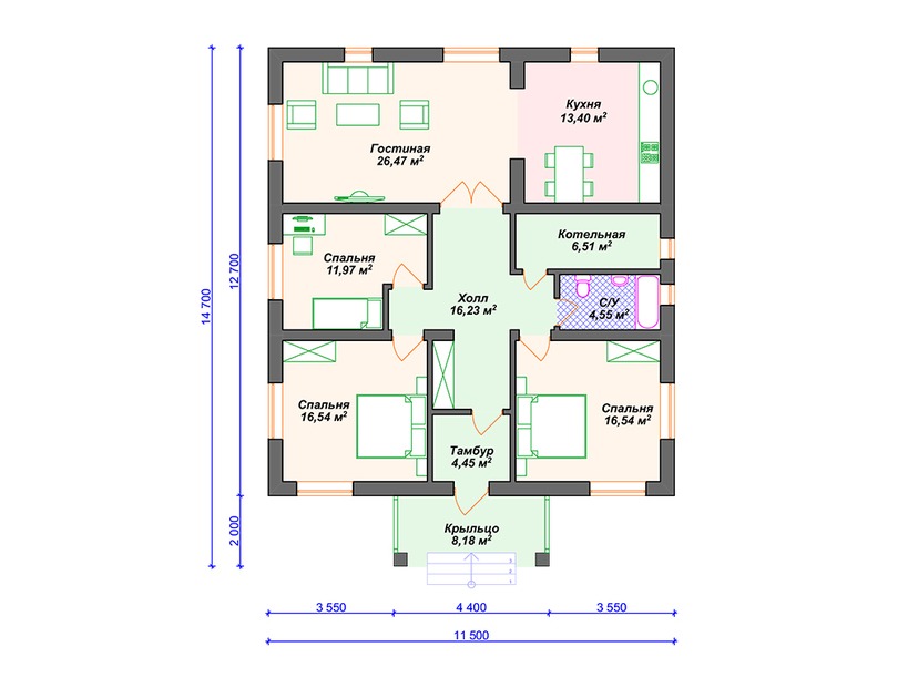 Дом из керамического блока VK003 "Хинтон" c 3 спальнями план первого этаж