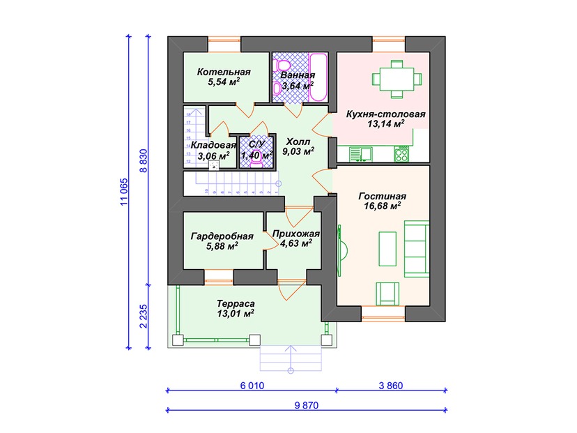 Каркасный дом 11x10 с котельной, террасой – проект V041 "Мидвиль" план первого этаж