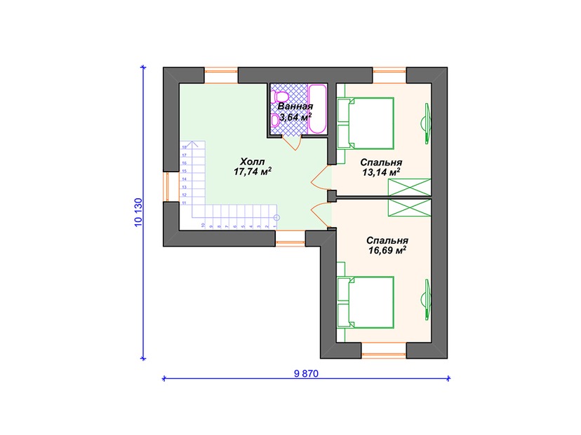 Каркасный дом 11x10 с котельной, террасой – проект V041 "Мидвиль" план второго этажа