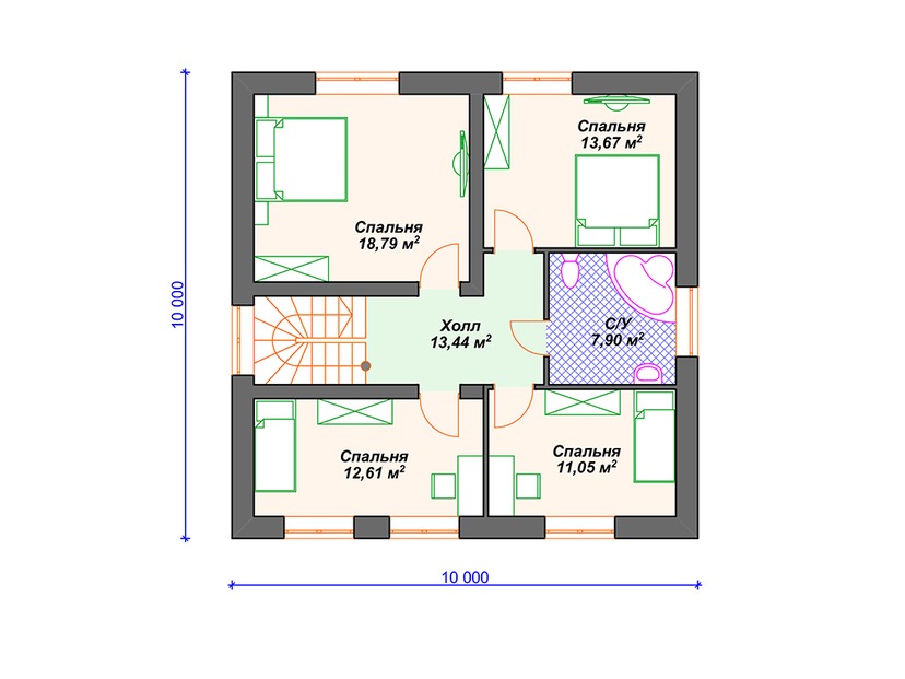 Каркасный дом 10x10 с террасой – проект V057 "Ла Гранде" план второго этажа