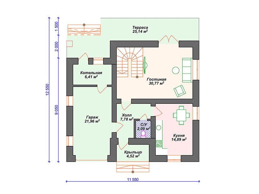 Каркасный дом 13x12 с котельной, балконом, террасой – проект V002 "Моргантаун" план первого этаж