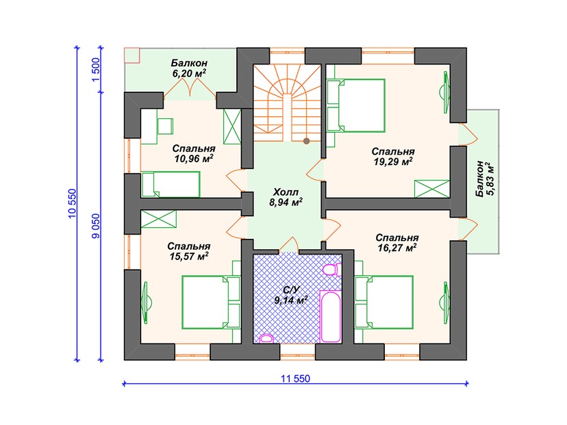 Каркасный дом 13x12 с котельной, балконом, террасой – проект V002 "Моргантаун" план второго этажа