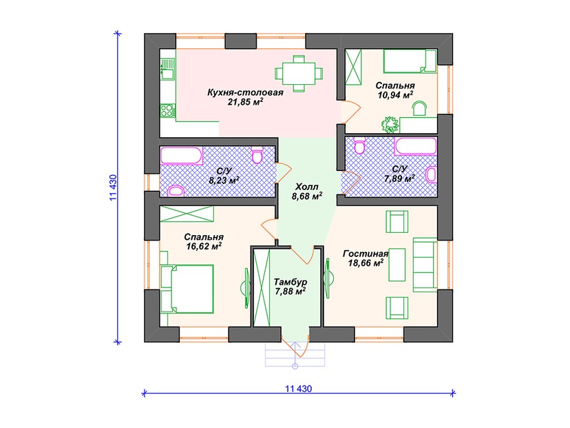 Каркасный дом 11x11  – проект V056 "Лакевью" план первого этаж