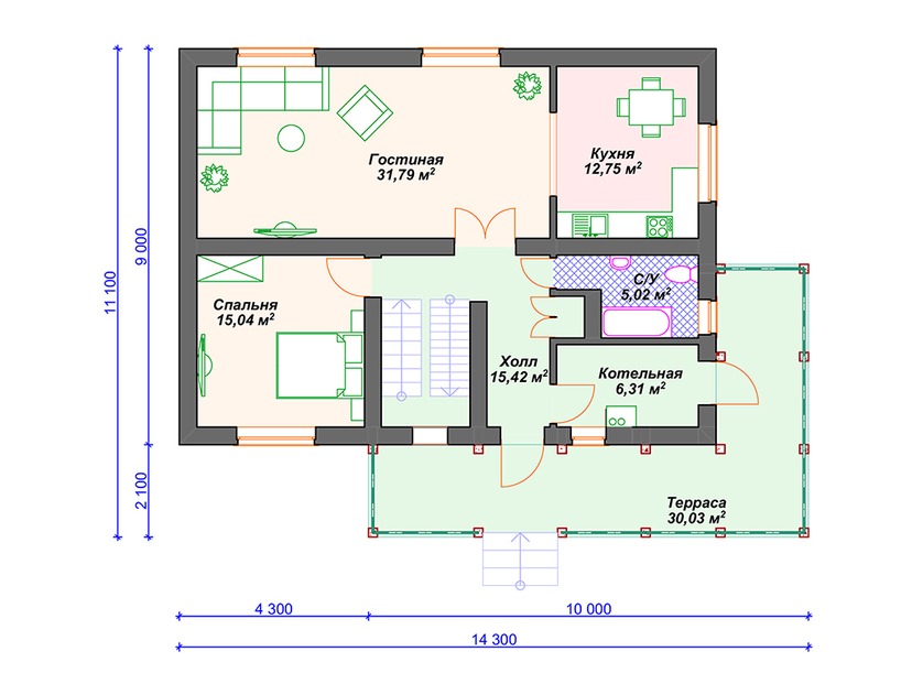 Каркасный дом 11x14 с котельной, балконом, террасой – проект V040 "Потстаун" план первого этаж