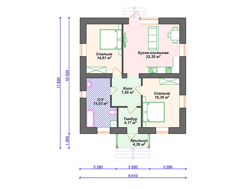 Дом из керамического блока VK055 "Орегон Сити" c 2 спальнями план первого этаж