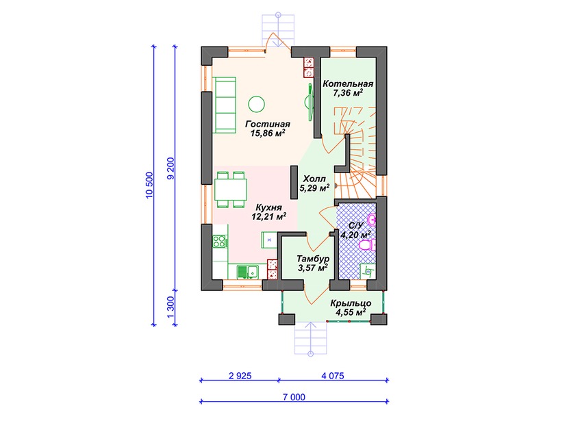 Дом из газобетона с котельной, балконом, мансардой - VG054 "Порт Офорд" план первого этаж