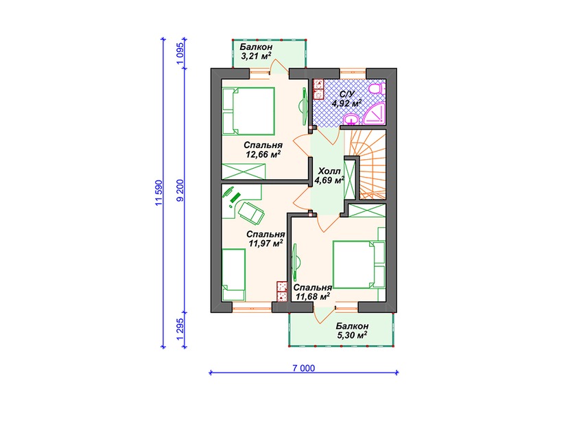 Каркасный дом 11x7 с котельной, балконом, мансардой – проект V054 "Порт Офорд" план мансардного этажа