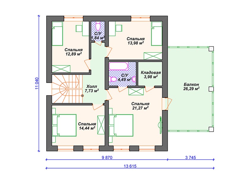 Дом из керамического блока VK039 "Скрантон" c 5 спальнями план мансардного этажа