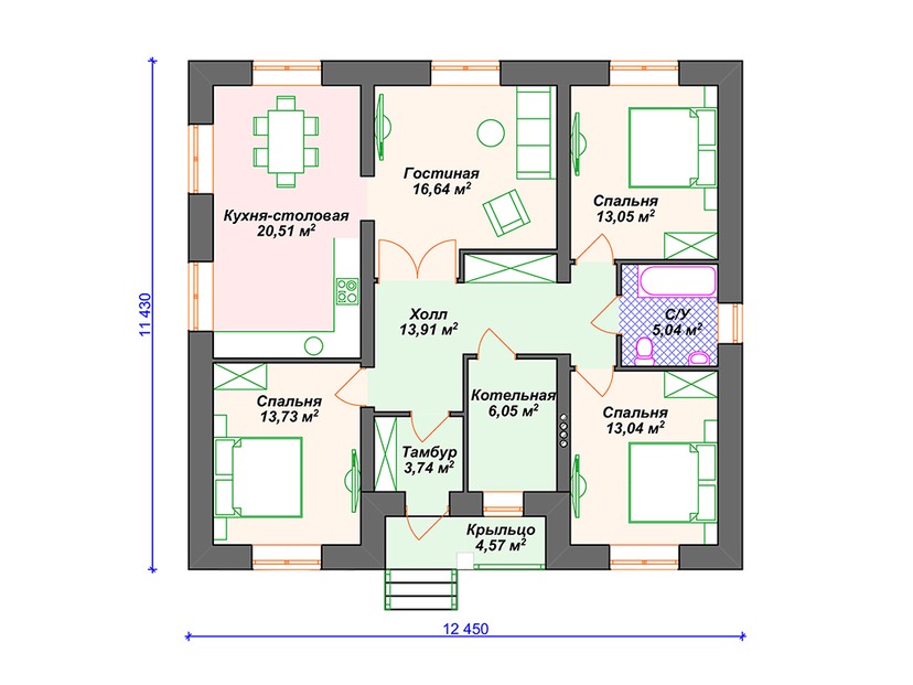 Каркасный дом 11x12 с котельной – проект V007 "Филлмор" план первого этаж