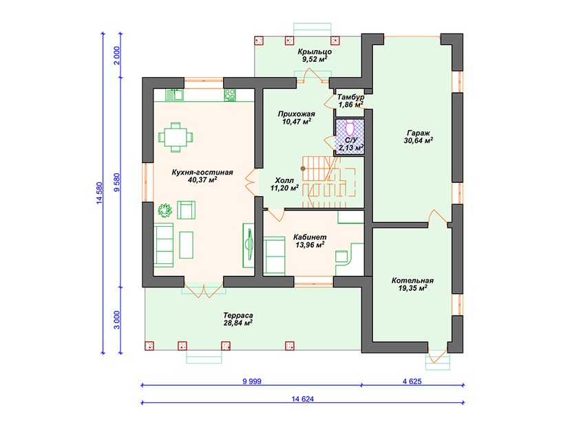 Каркасный дом 15x15 с котельной, террасой, гаражом – проект V053 "Редмонд" план первого этаж