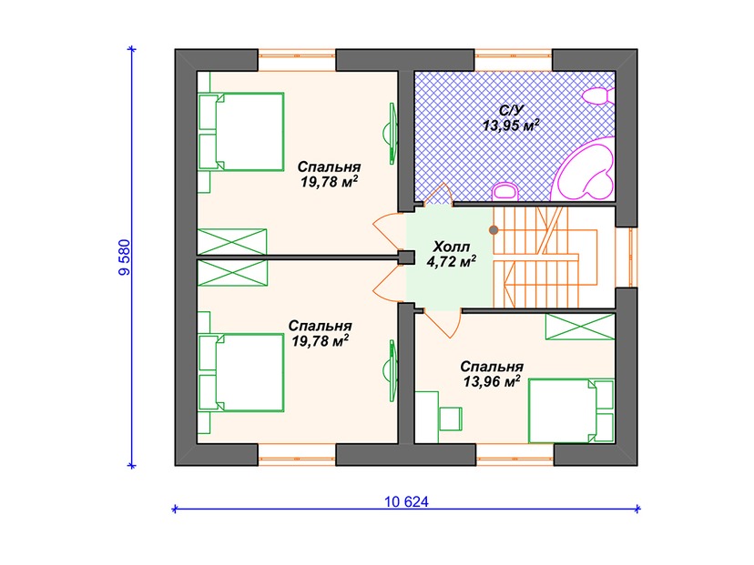 Каркасный дом 15x15 с котельной, террасой, гаражом – проект V053 "Редмонд" план второго этажа
