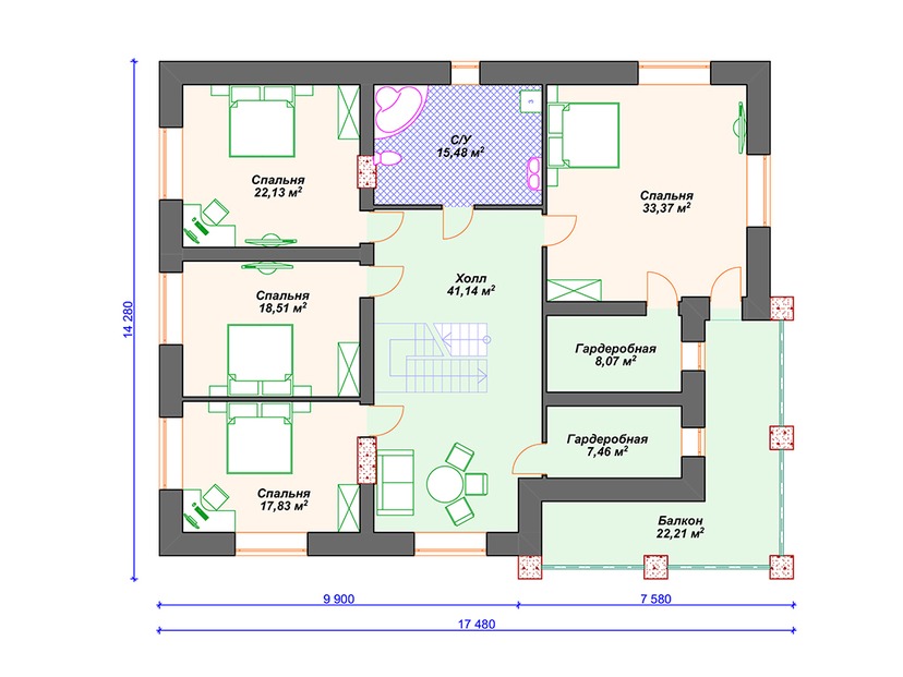 Каркасный дом 15x17 с котельной, балконом, террасой – проект V038 "Шэрон" план второго этажа