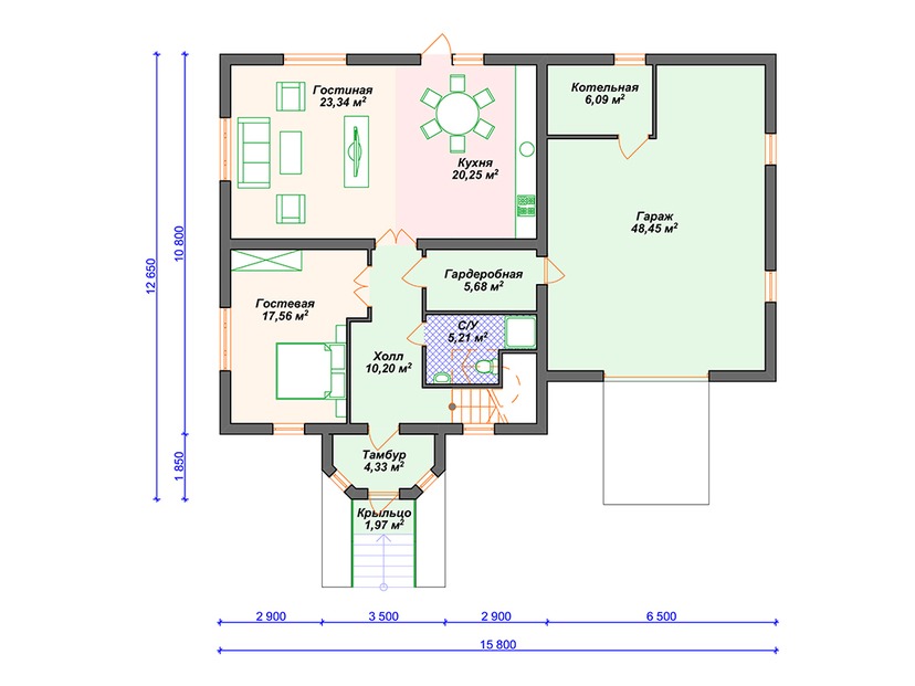 Каркасный дом 13x16 с котельной, гаражом, мансардой – проект V052 "Ридспорт" план первого этаж