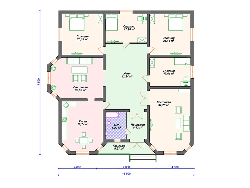 Дом из керамического блока VK006 "Гербер сити" c 4 спальнями план первого этаж