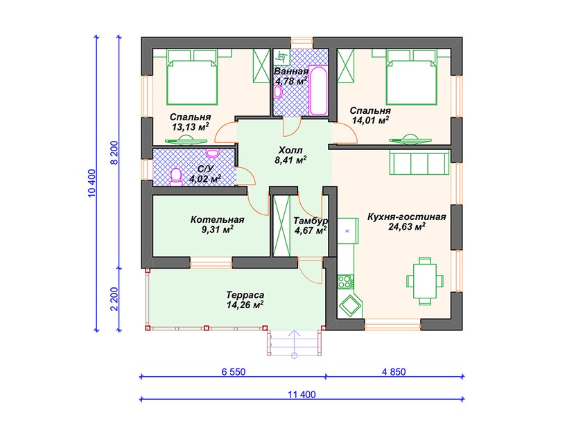 Дом из керамического блока VK005 "Лейтон" c 2 спальнями план первого этаж