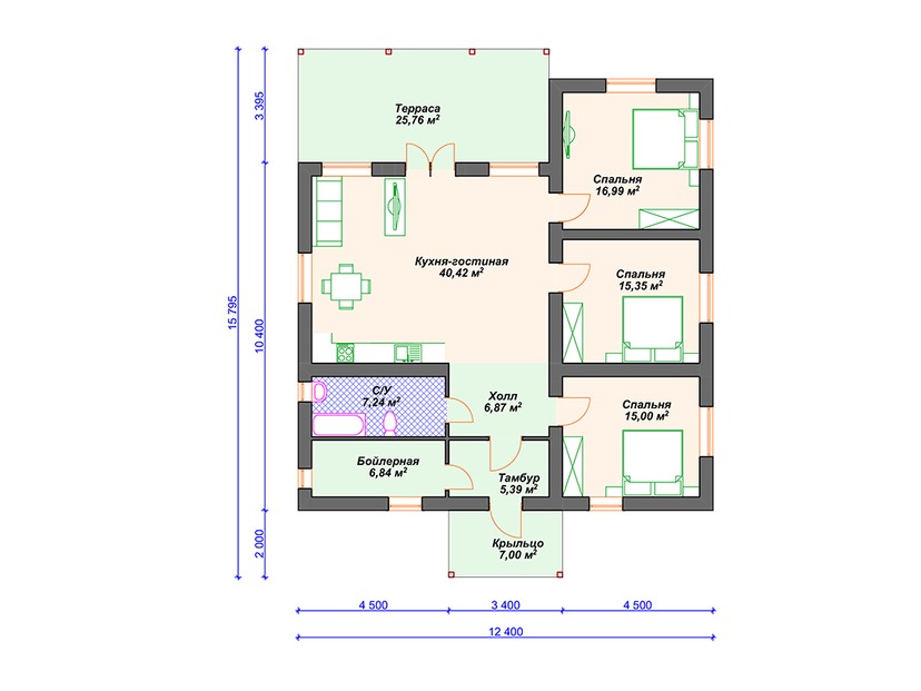 Каркасный дом 16x12 с котельной, террасой – проект V051 "Росебург" план первого этаж