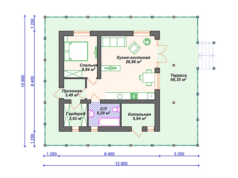 Каркасный дом 11x13 с котельной, террасой – проект V036 "Баррингтон" план первого этаж