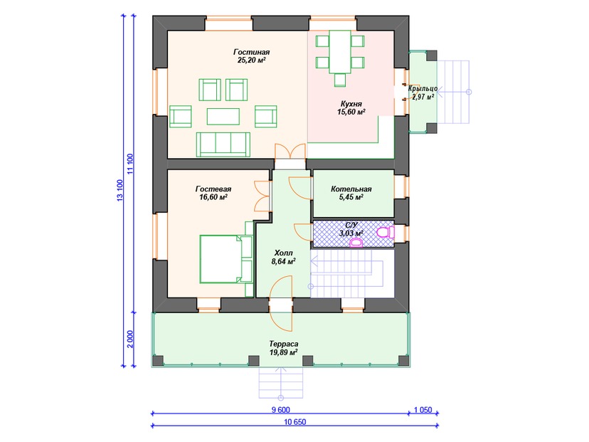 Каркасный дом 13x11 с котельной, балконом, террасой – проект V299 "Флип" план первого этаж
