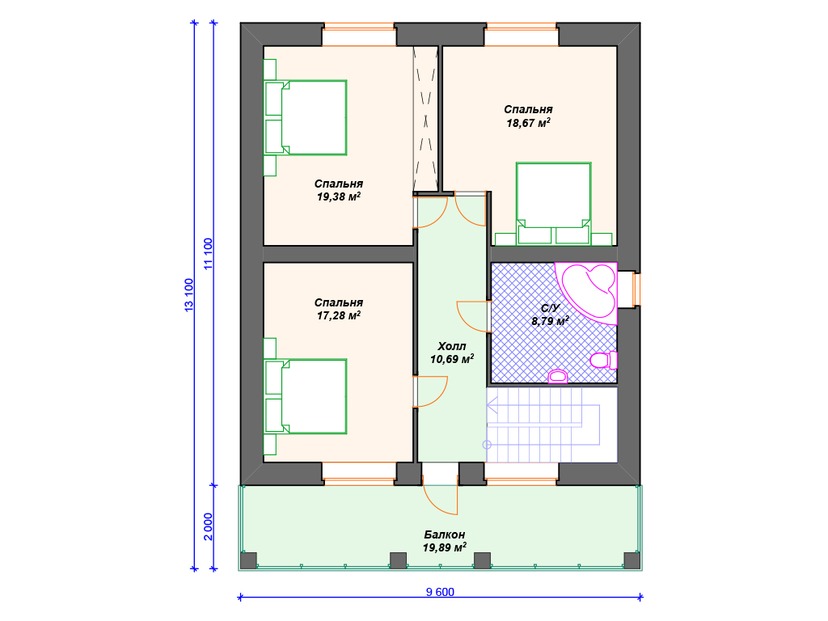 Каркасный дом 13x11 с котельной, балконом, террасой – проект V299 "Флип" план мансардного этажа