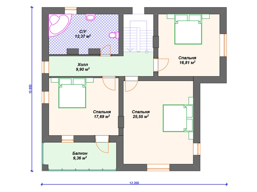 Каркасный дом 13x12 с котельной, балконом, террасой – проект V308 "Винни" план второго этажа