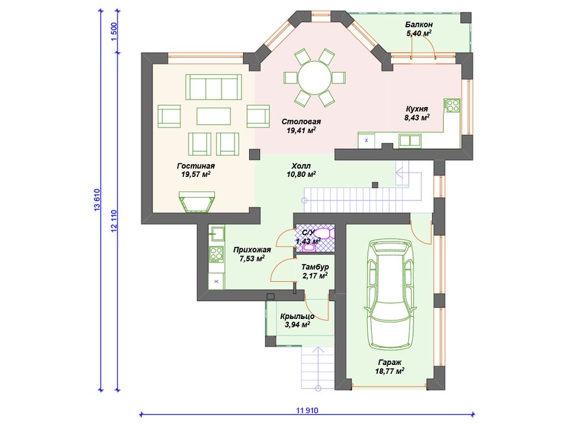 Дом из керамического блока VK316 "Тилли" c 4 спальнями план первого этаж